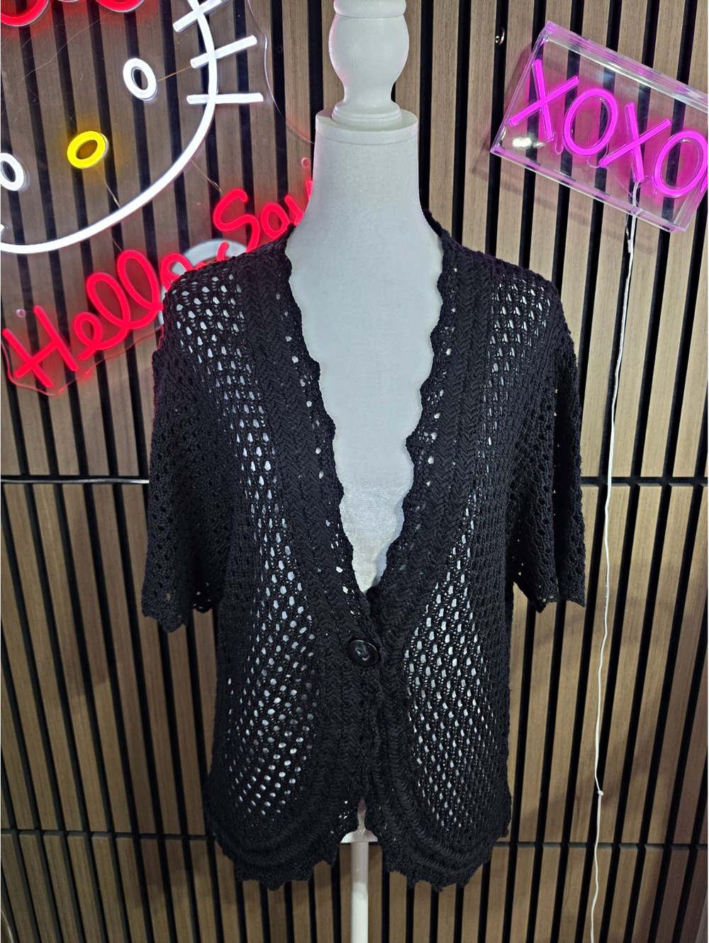 two-one-two new york Women's Knit Cardigan Sweater V-Neck Open-Knit Black 2X